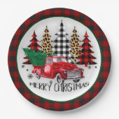 Assiettes En Carton Joyeux camion de Noël et arbres (Devant)