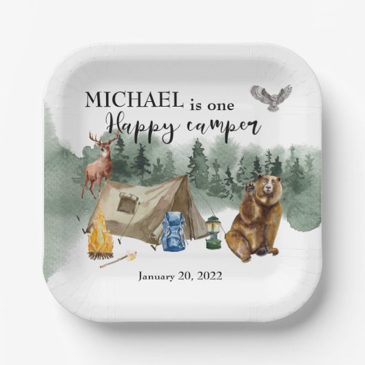 Assiettes En Carton Joyeux Camper Ours de Forêt Anniversaire (Recto)