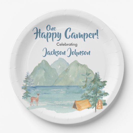 Assiettes En Carton Joyeux Camper Rustic Mountains Aquarelle Anniversa (Devant)