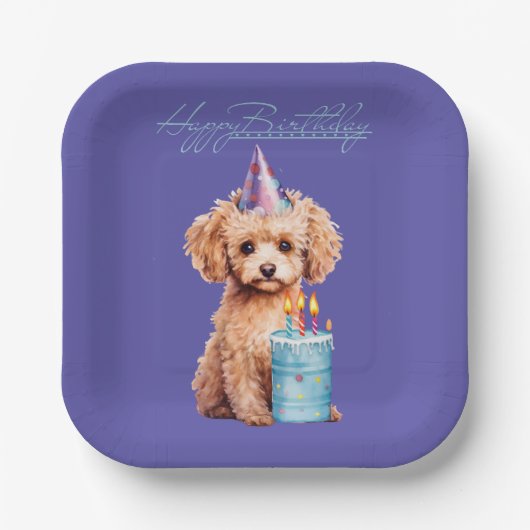 Assiettes En Carton Joyeux caniche d'anniversaire avec Casquette de fê (Recto)