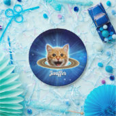 Assiettes En Carton Joyeux chat dans l'espace. (Fête)