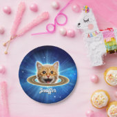 Assiettes En Carton Joyeux chat dans l'espace. (Fête)