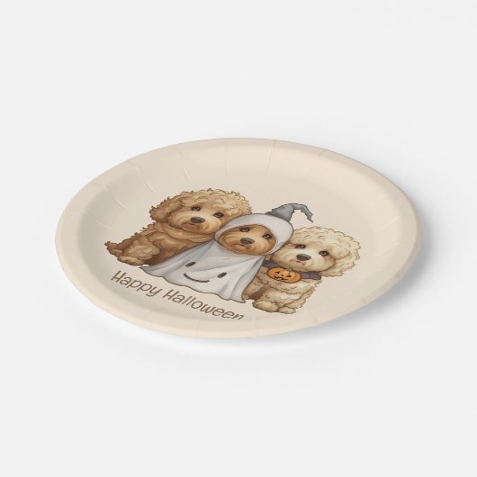 Assiettes En Carton Joyeux chien d'Halloween Goldendoodle (Angle)
