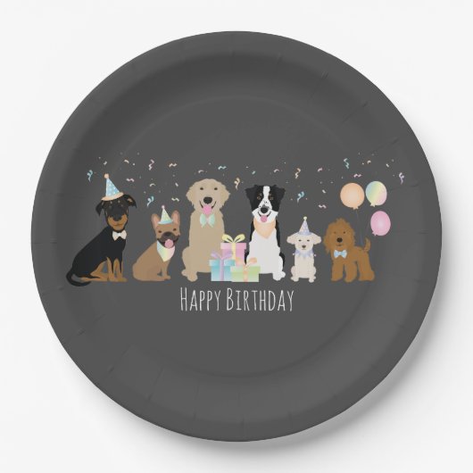 Assiettes En Carton Joyeux Chiens de fête d'anniversaire (Devant)