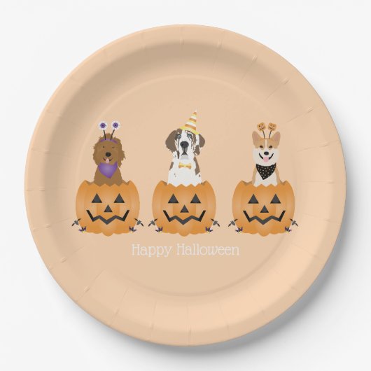Assiettes En Carton Joyeux Chiens D'Halloween En Citrouille (Devant)