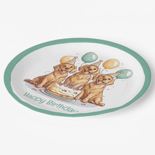 Assiettes En Carton Joyeux Chiens d'or d'excursion d'anniversaire (Angle)