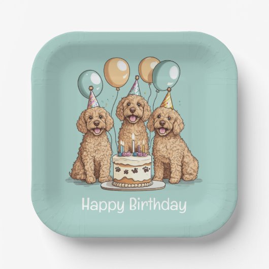 Assiettes En Carton Joyeux Chiens Goldendoodle Anniversaire (Recto)