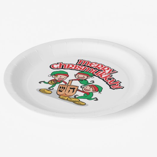 Assiettes En Carton Joyeux Chrismukah avec Elves et Rêves (Angle)