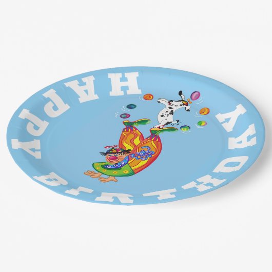 Assiettes En Carton Joyeux clown d'anniversaire et jongleur de chien (Angle)