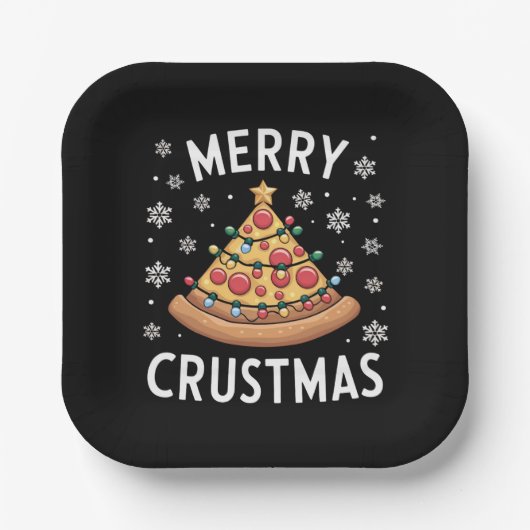 Assiettes En Carton Joyeux Crustmas Pizza Noël Arbre de Noël Cadeaux (Recto)