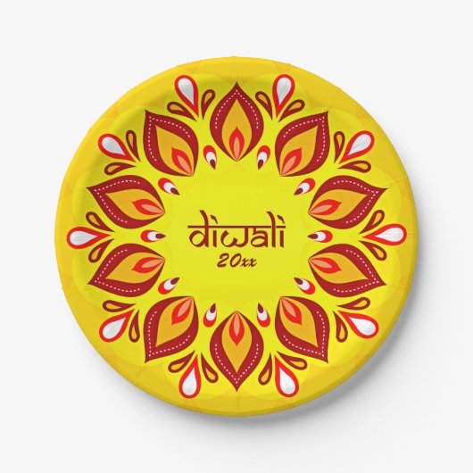 Assiettes En Carton Joyeux Diwali Ajouter année Jaune Rouge 7" (Devant)