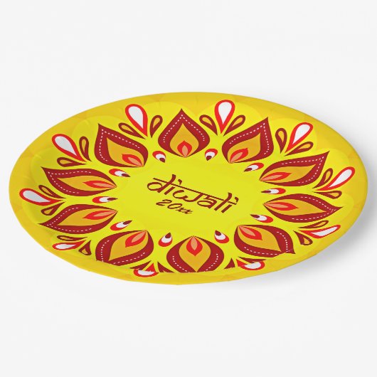 Assiettes En Carton Joyeux Diwali Ajouter année Jaune Rouge 9" Plaque  (Angle)