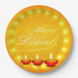 Assiettes En Carton Joyeux Diwali Jaune 9"