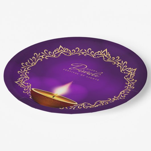 Assiettes En Carton Joyeux Diwali violet 9" (Angle)