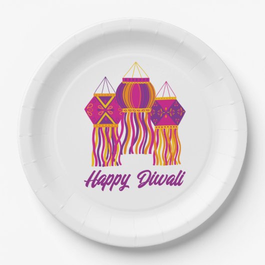 Assiettes En Carton Joyeux Diwali violet rose jaune lanterne personnal (Devant)