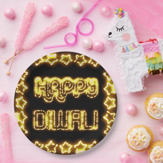 Assiettes En Carton Joyeux Diwali Yellow Golden Lights Typographie éto (Fête)