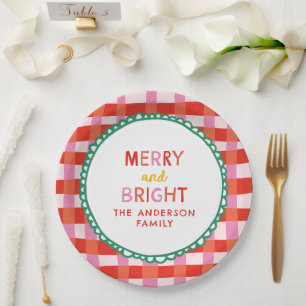 Assiettes En Carton Joyeux et À damiers rouge vif personnalisés
