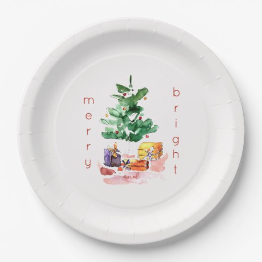 Assiettes En Carton Joyeux et lumineux sapin de Noël moderne (Devant)