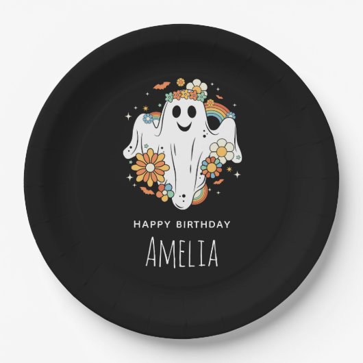 Assiettes En Carton Joyeux Ghost Retro Hippie Vibe Anniversaire (Devant)