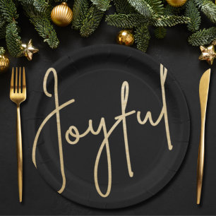 Assiettes En Carton JOYEUX Gold Faux Foil Black Holiday