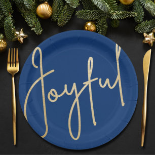 Assiettes En Carton JOYEUX Gold Faux Foil Bleu Noël