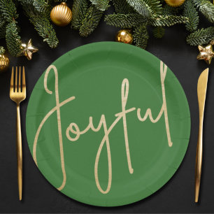 Assiettes En Carton JOYEUX Gold Faux Foil Vert Noël
