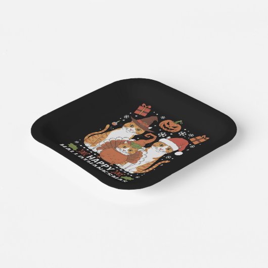 Assiettes En Carton Joyeux Hallothanksmas Chats Halloween Noël (Angulaire)