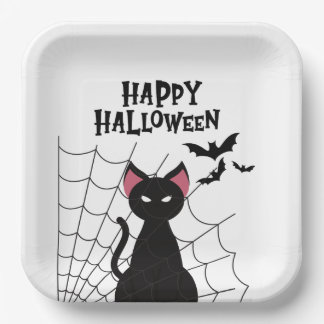 Assiettes En Carton Joyeux Halloween Chat Noir Toile d'Araignée & Chau
