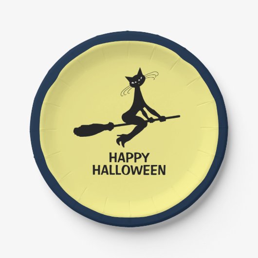 Assiettes En Carton Joyeux Halloween, Chat Sur Broomstick (Devant)