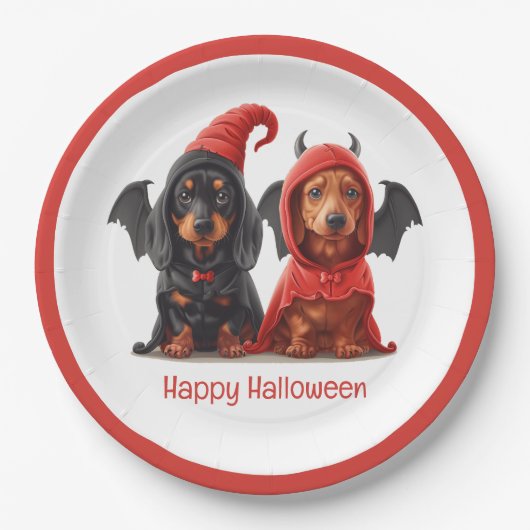 Assiettes En Carton Joyeux Halloween Dachshund Chiens Devil Bat (Devant)