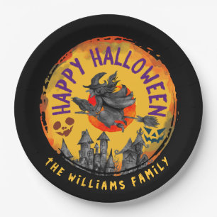 Assiettes En Carton Joyeux Halloween Orange Black sorcier Broomstick