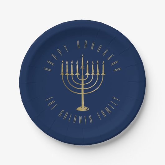 Assiettes En Carton Joyeux Hanoukka Blue et Gold Menorah Holiday (Devant)