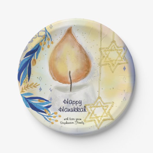 Assiettes En Carton Joyeux Hanoukka Salutation lumière bougie (Devant)