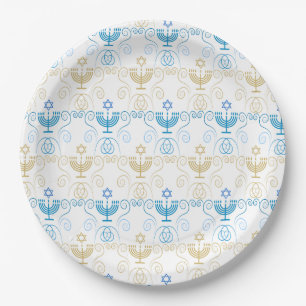 Assiettes En Carton Joyeux Hanukkah Menorah en Or Motif Vintage
