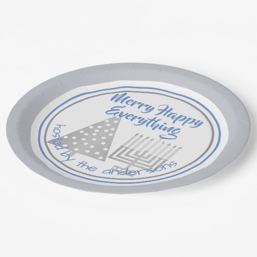 Assiettes En Carton Joyeux heureux bleu tout partie Chrismukkah (Angle)