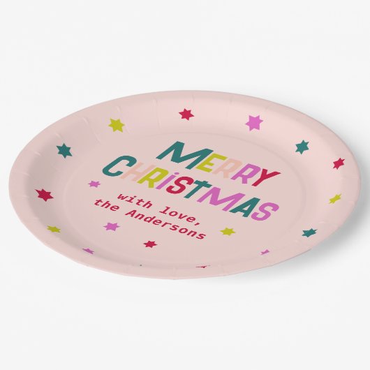 Assiettes En Carton Joyeux Joyeux Joyeux Noël Joyeux rose pâle (Angle)