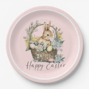 Assiettes En Carton Joyeux lapin de Pâques rose