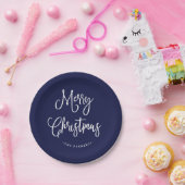 Assiettes En Carton Joyeux manuscrit manuscrit de Noël | sur le bleu (Fête)