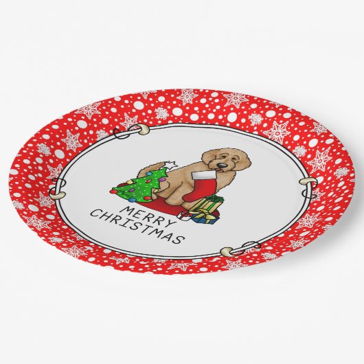 Assiettes En Carton Joyeux Noël 2 Goldendoodle (rouge doré) mignonne (Angle)