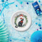 Assiettes En Carton Joyeux Noël aquarelle Chat noir et couronne (Fête)