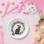 Assiettes En Carton Joyeux Noël aquarelle Chat noir et couronne (Fête)