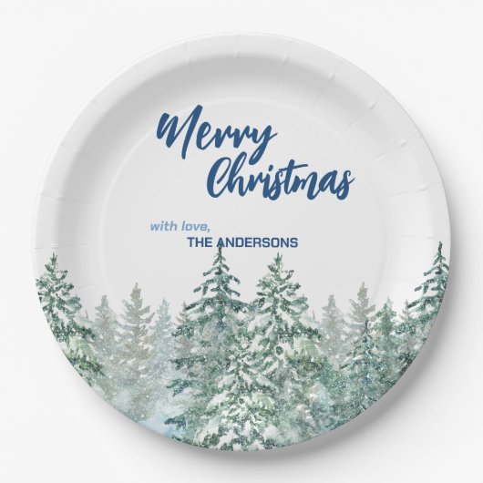 Assiettes En Carton Joyeux Noël arbres forêt Aquarelle script (Devant)
