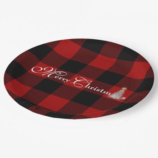 Assiettes En Carton Joyeux Noël avec arbre sur buffle plaid (Angle)
