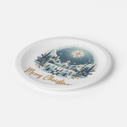 Assiettes En Carton Joyeux Noël bleu et or (Angle)