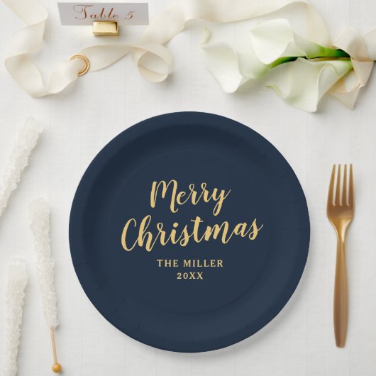 Assiettes En Carton Joyeux Noël bleu marine moderne (Mariage)