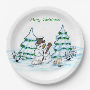 Assiettes En Carton Joyeux Noël ! Bonhomme de neige avec chat et chiot