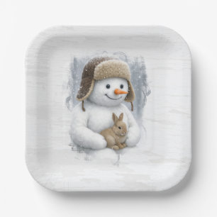 Assiettes En Carton Joyeux Noël Bonhomme de neige avec lapin