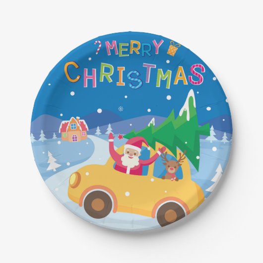 Assiettes En Carton Joyeux Noël Cartoon Père Noël Reindeer Car (Devant)