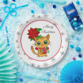 Assiettes En Carton Joyeux Noël | Chat orange avec Poinsettia (Fête)