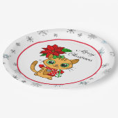 Assiettes En Carton Joyeux Noël | Chat orange avec Poinsettia (Angle)